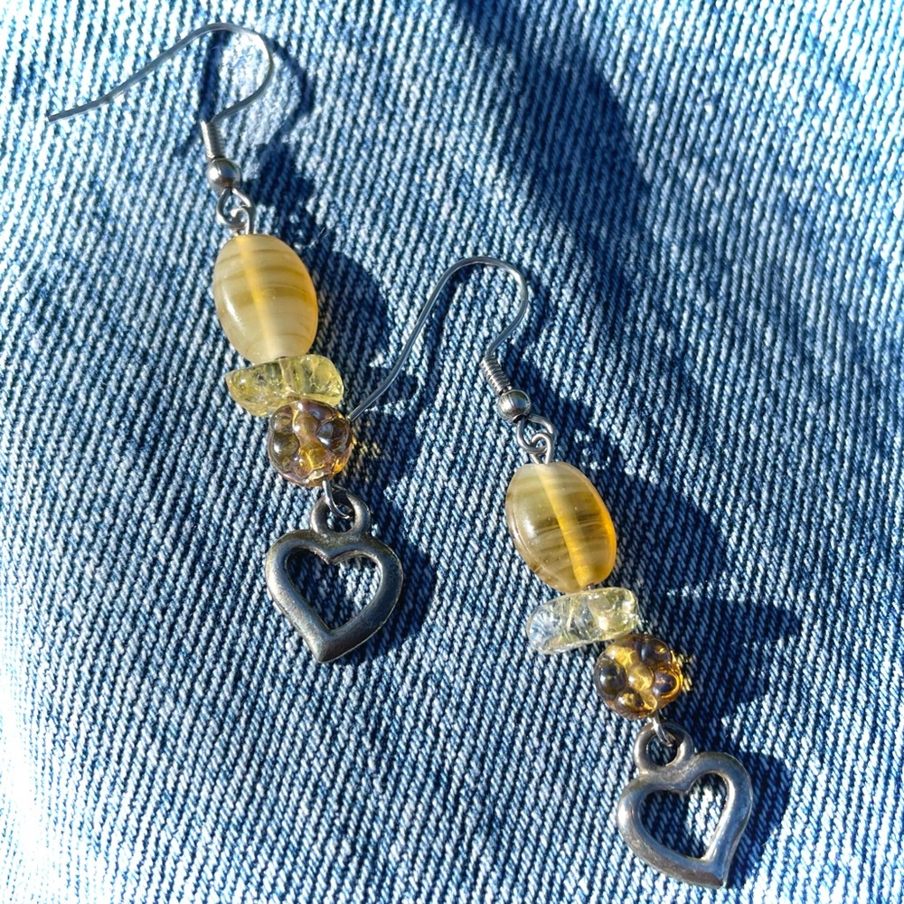 Yellow Bead Heart Drop Earrings with Silver-Tone Charms NEW!